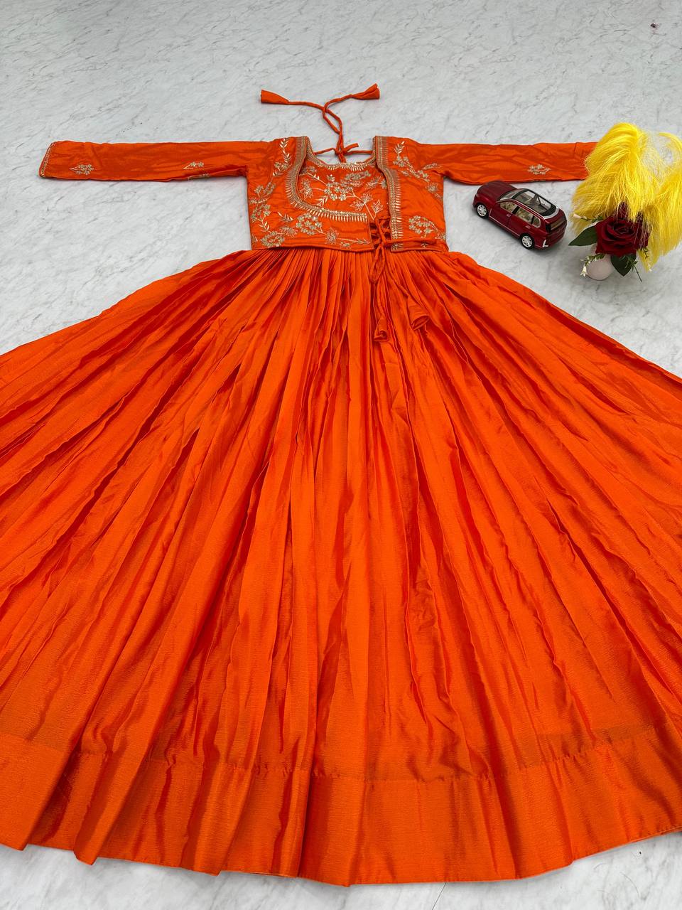 Wonderful Chinon Sequence Work Orange Color Gown