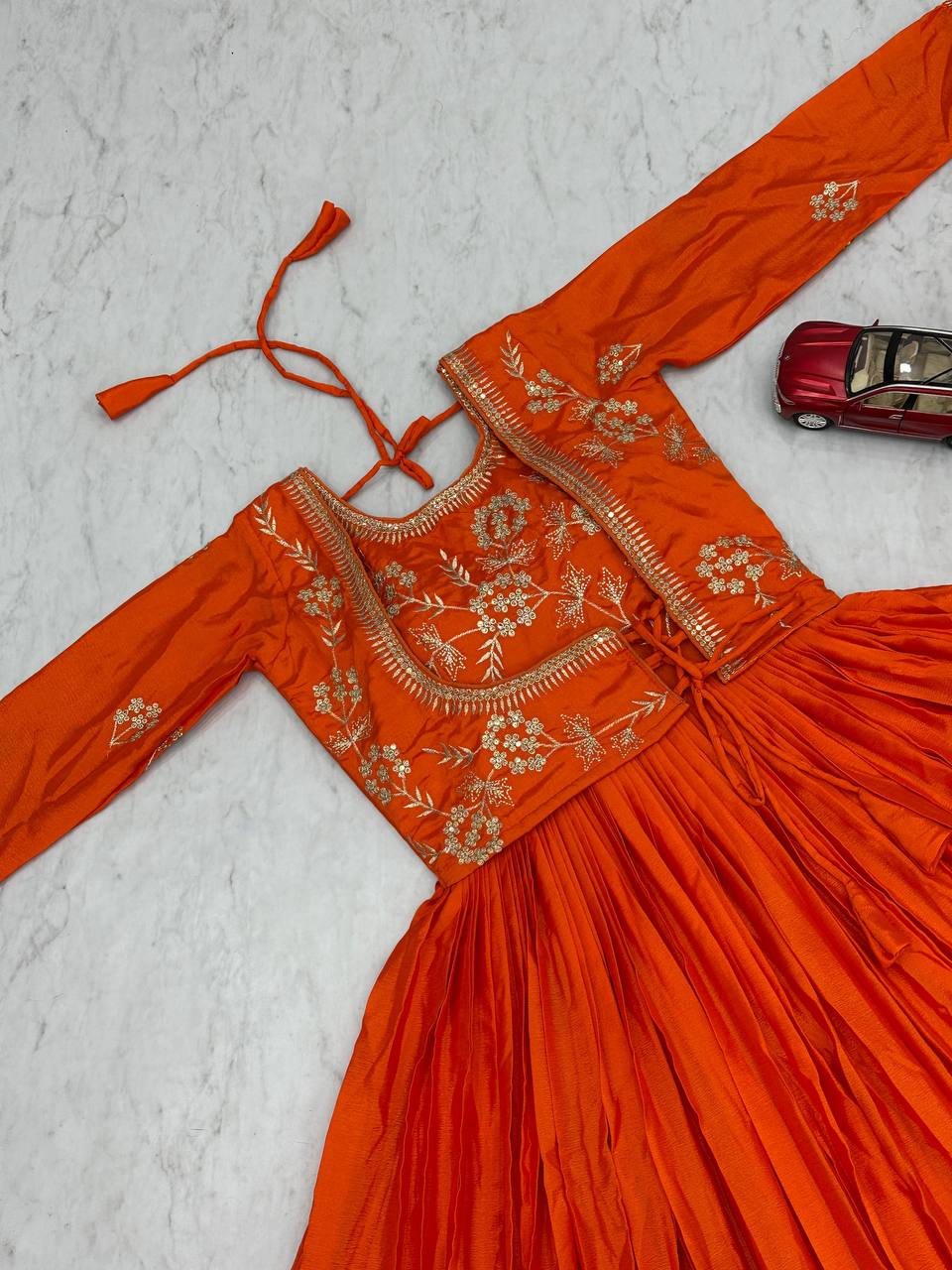 Wonderful Chinon Sequence Work Orange Color Gown