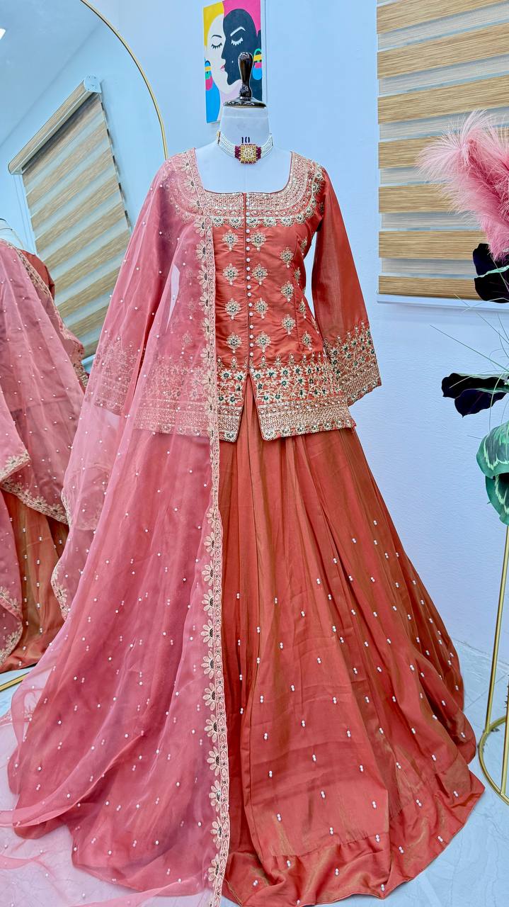 Simmer Silk Wedding Wear Orange Color Top With Lehenga