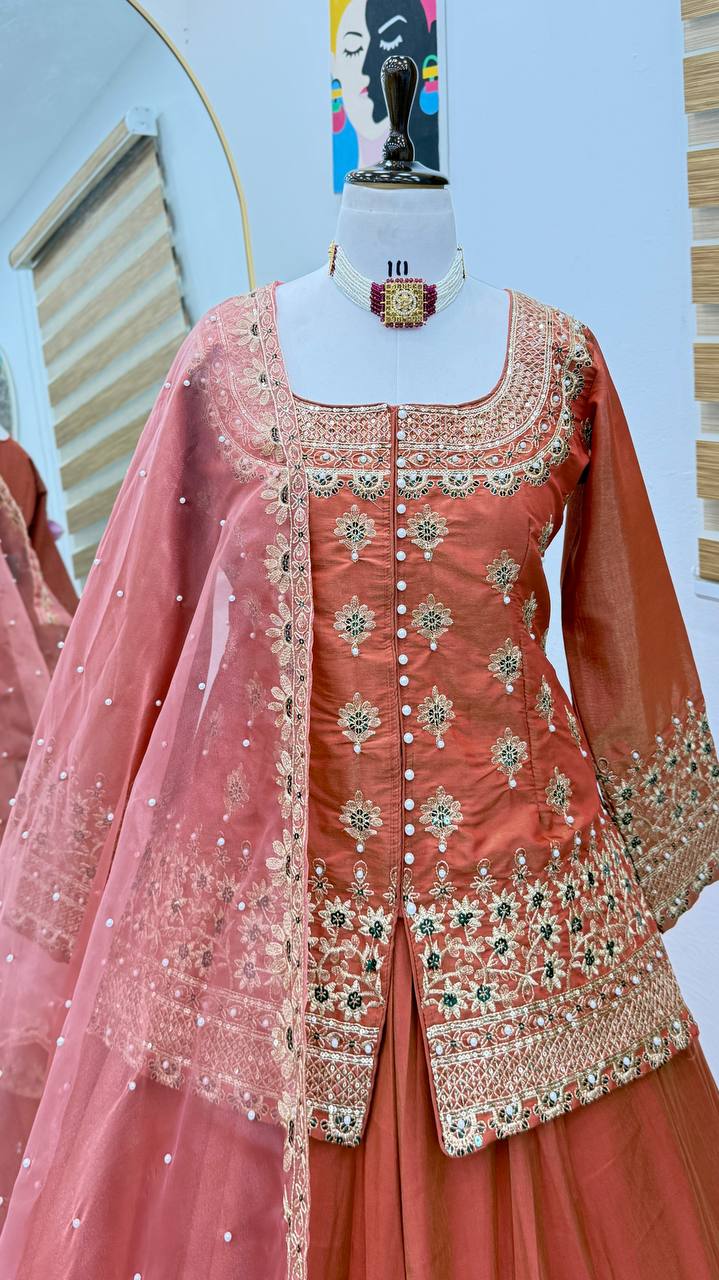 Simmer Silk Wedding Wear Orange Color Top With Lehenga