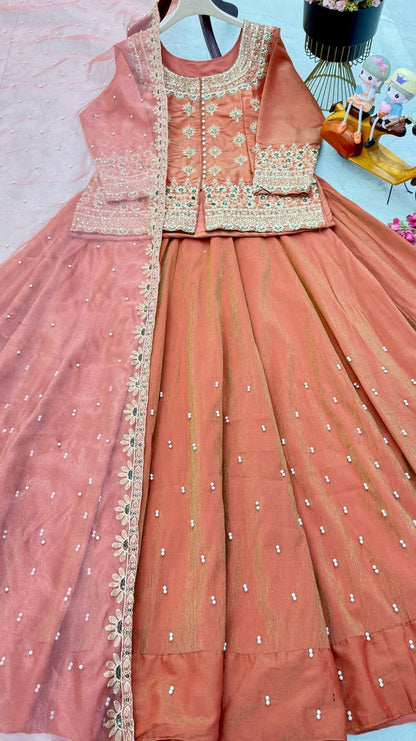 Simmer Silk Wedding Wear Orange Color Top With Lehenga