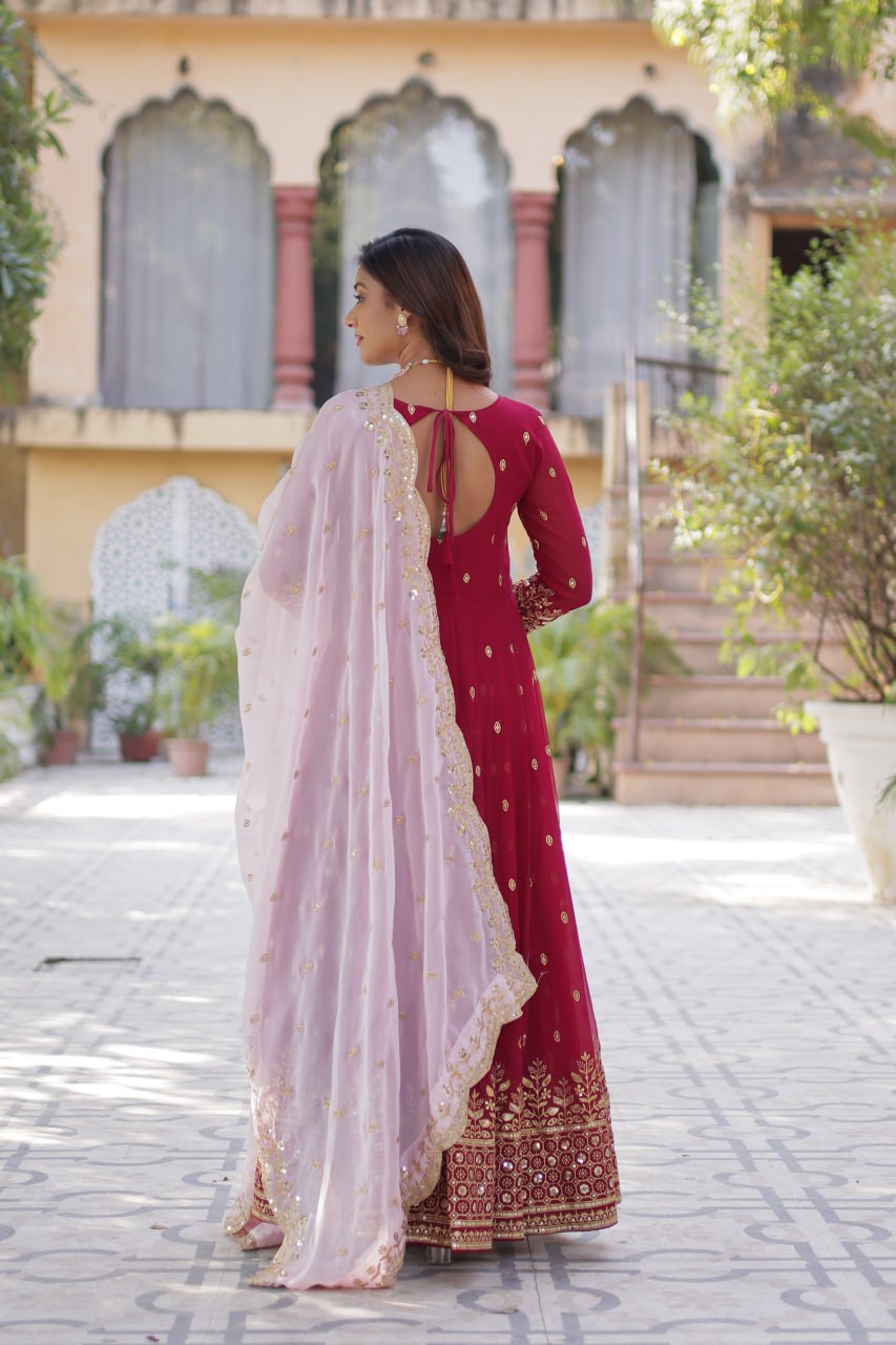 Attractive Embroidery Zari Sequins Work Pink Color Gown With Dupatta