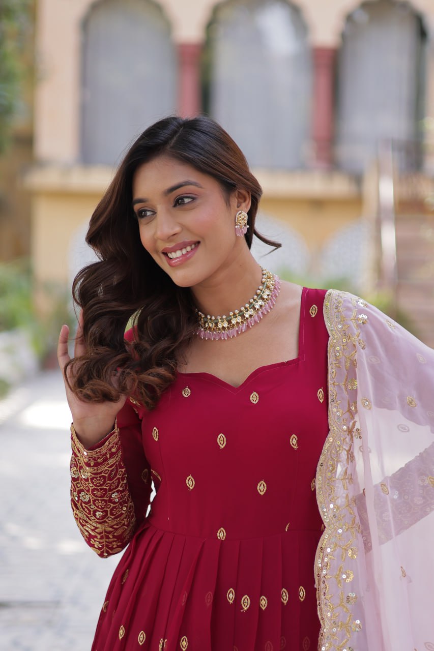 Attractive Embroidery Zari Sequins Work Pink Color Gown With Dupatta