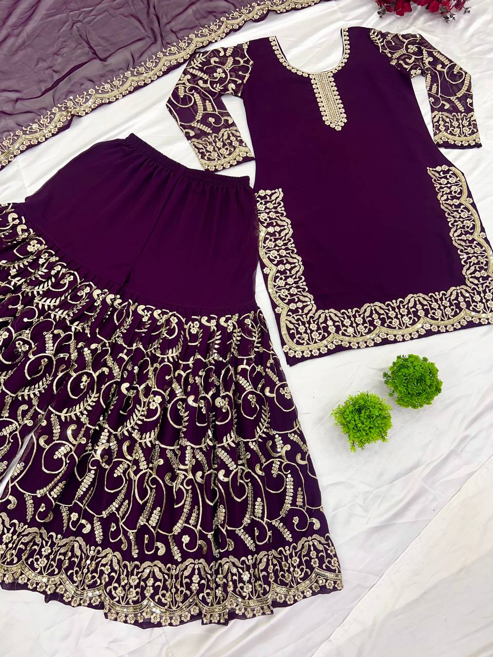 Pattern Wedding & Party Wear Sequence Work Purple Color Top Sharara With Dupatta Set