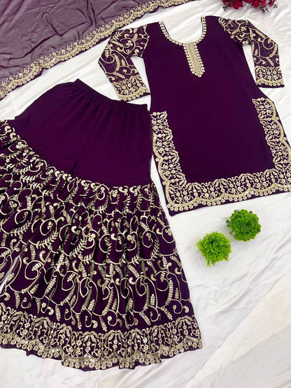 Pattern Wedding & Party Wear Sequence Work Purple Color Top Sharara With Dupatta Set