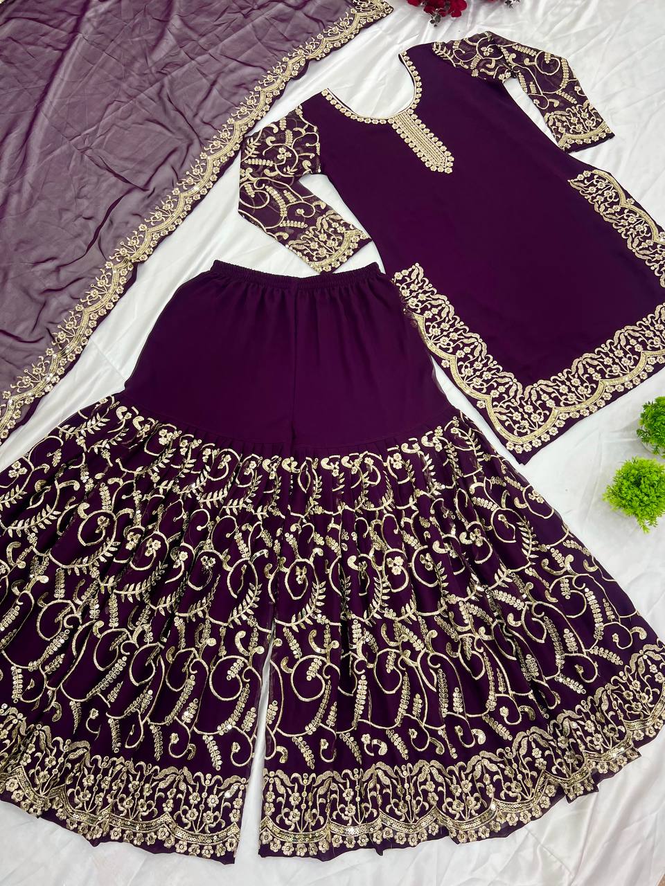 Pattern Wedding & Party Wear Sequence Work Purple Color Top Sharara With Dupatta Set