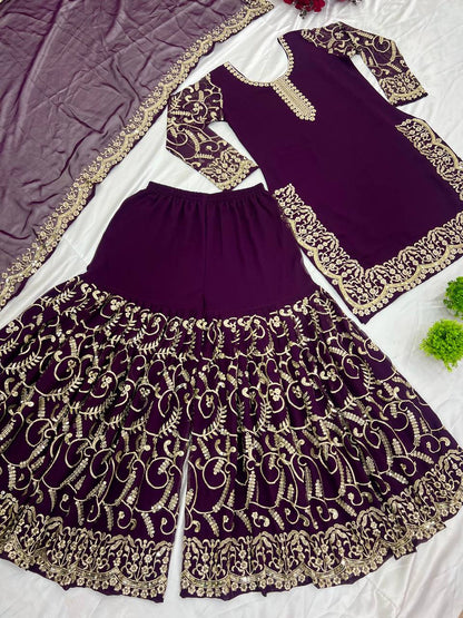 Pattern Wedding & Party Wear Sequence Work Purple Color Top Sharara With Dupatta Set