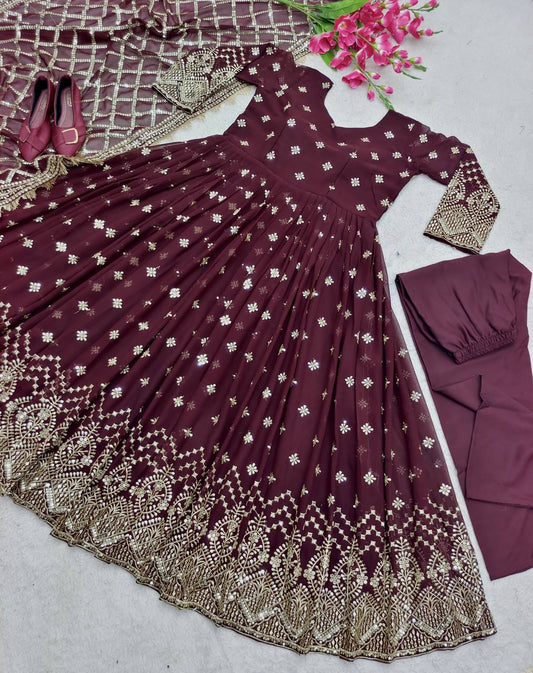 Demanding  Sequence Embroidery Work Purple Color Gown With Dupatta