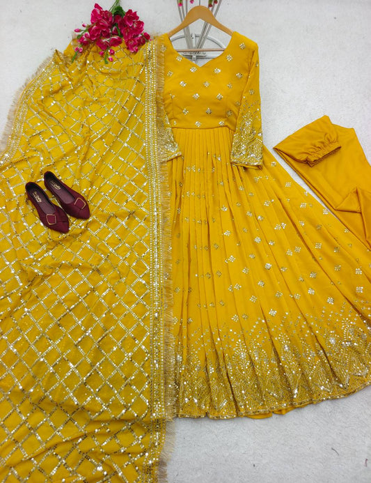 Demanding  Sequence Embroidery Work Yellow Color Gown With Dupatta