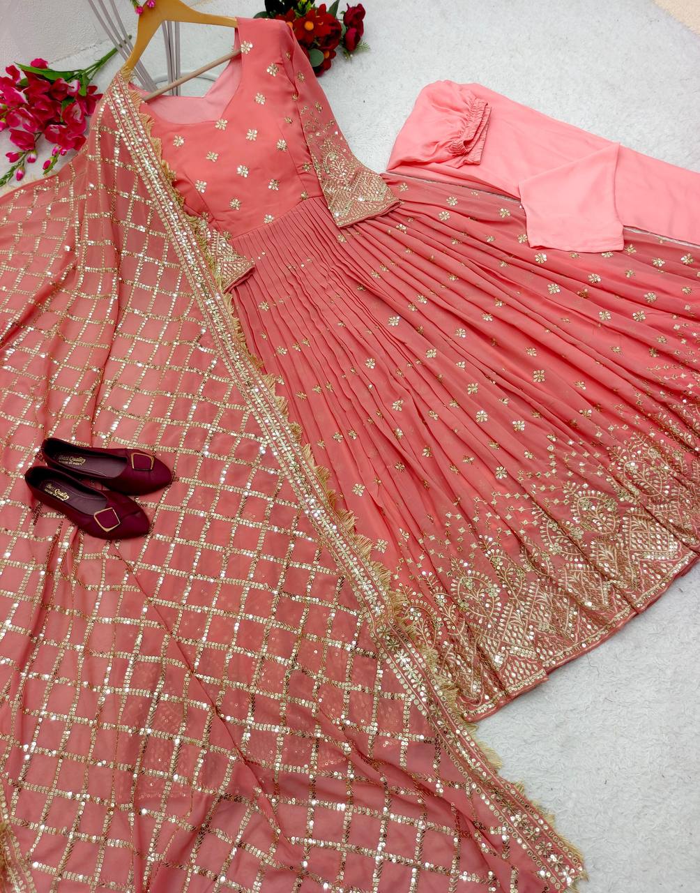 Demanding  Sequence Embroidery Work Peach Color Gown With Dupatta