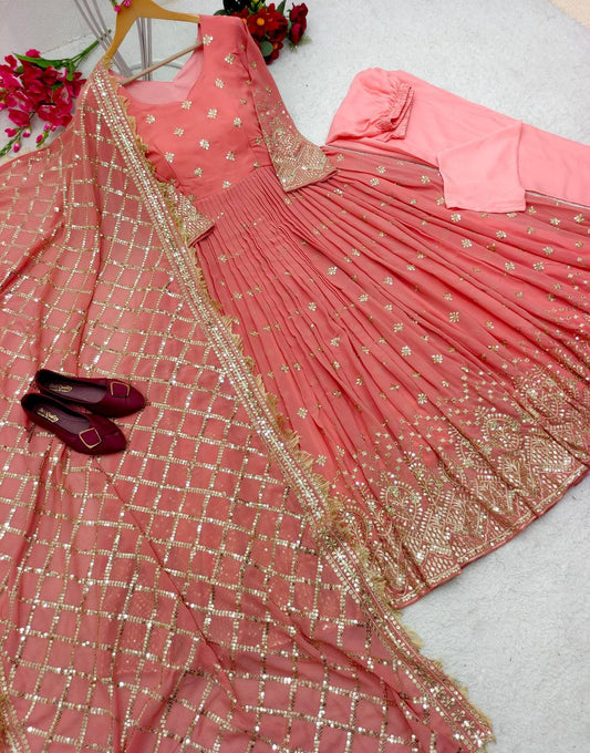 Demanding  Sequence Embroidery Work Peach Color Gown With Dupatta