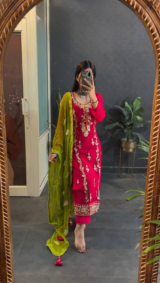 Good Looking Heavy Embroidery Sequence Work Red Color Salwar Suit
