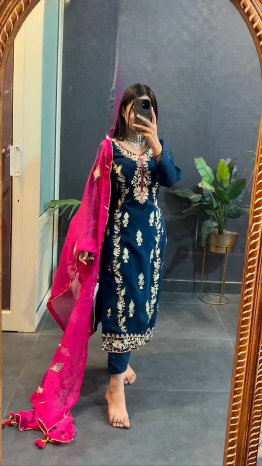 Good Looking Heavy Embroidery Sequence Work Navy Blue Color Salwar Suit