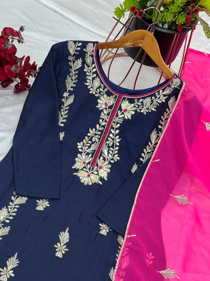 Good Looking Heavy Embroidery Sequence Work Navy Blue Color Salwar Suit