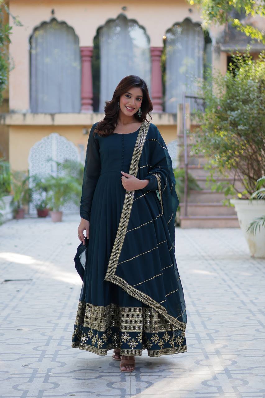 Precious Sequins Embroidered Work Rama Color Gown With Dupatta