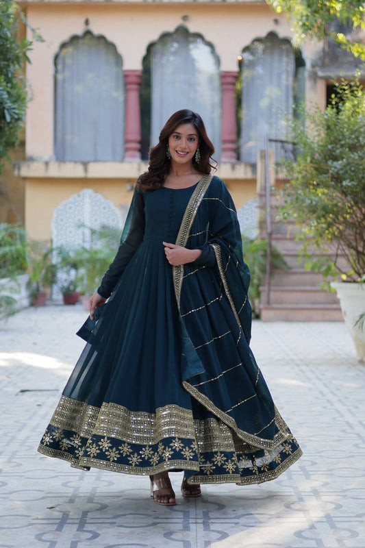 Precious Sequins Embroidered Work Rama Color Gown With Dupatta