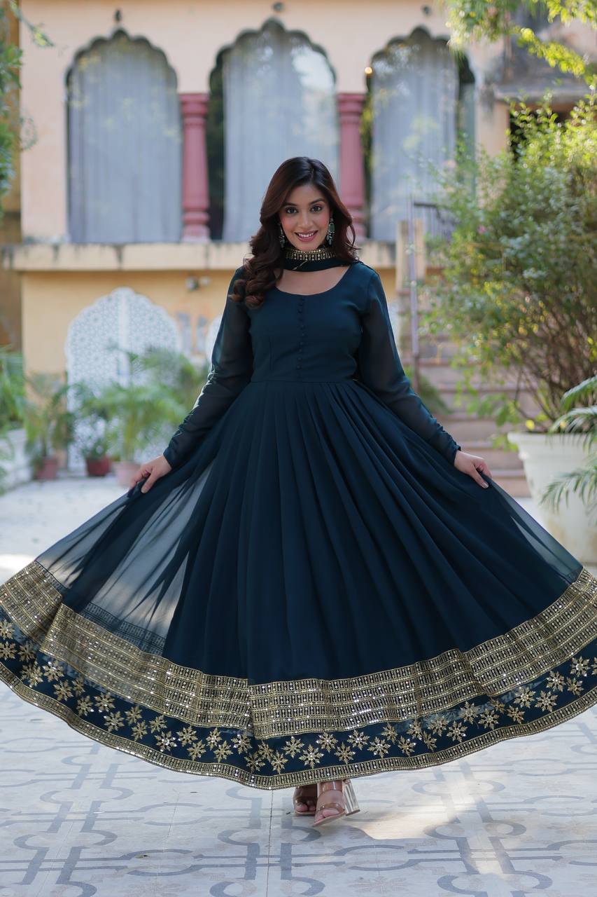 Precious Sequins Embroidered Work Rama Color Gown With Dupatta