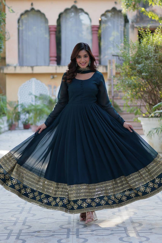 Precious Sequins Embroidered Work Rama Color Gown With Dupatta