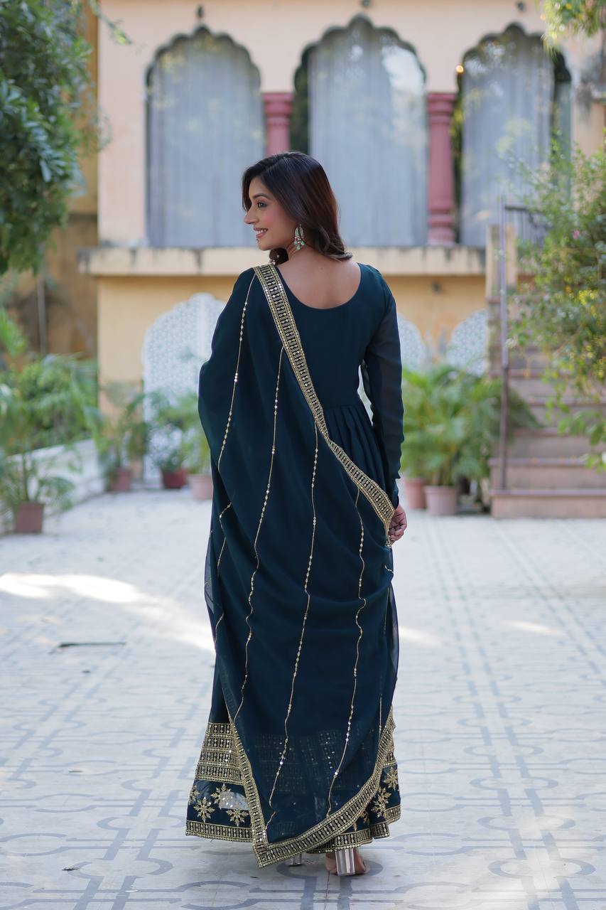 Precious Sequins Embroidered Work Rama Color Gown With Dupatta