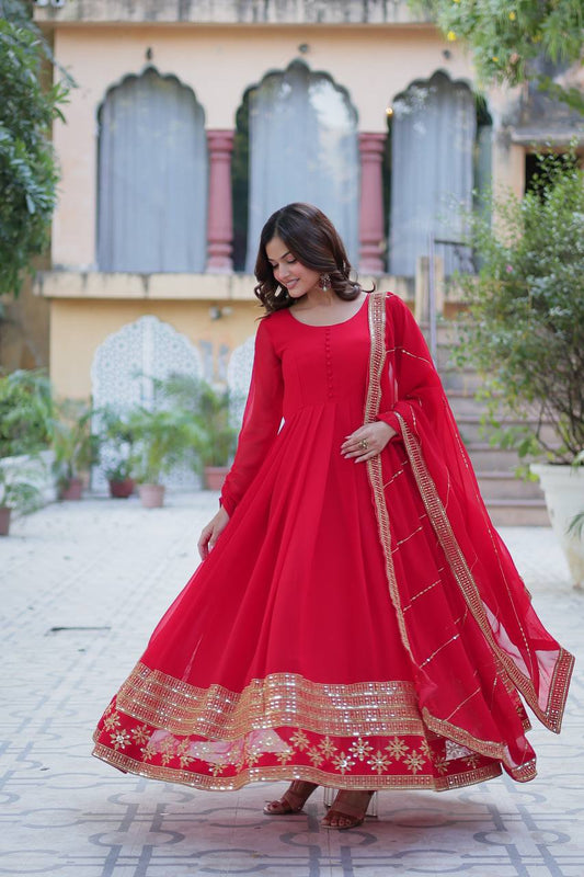 Precious Sequins Embroidered Work Red Color Gown With Dupatta