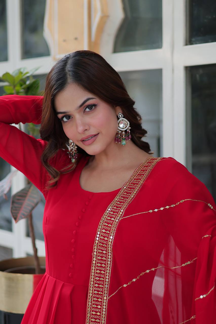 Precious Sequins Embroidered Work Red Color Gown With Dupatta
