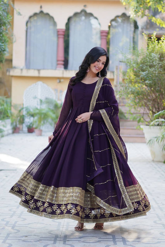 Precious Sequins Embroidered Work Wine Color Color Gown With Dupatta