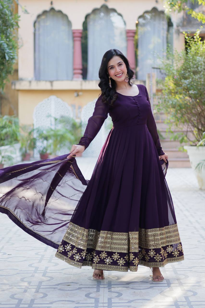 Precious Sequins Embroidered Work Wine Color Color Gown With Dupatta