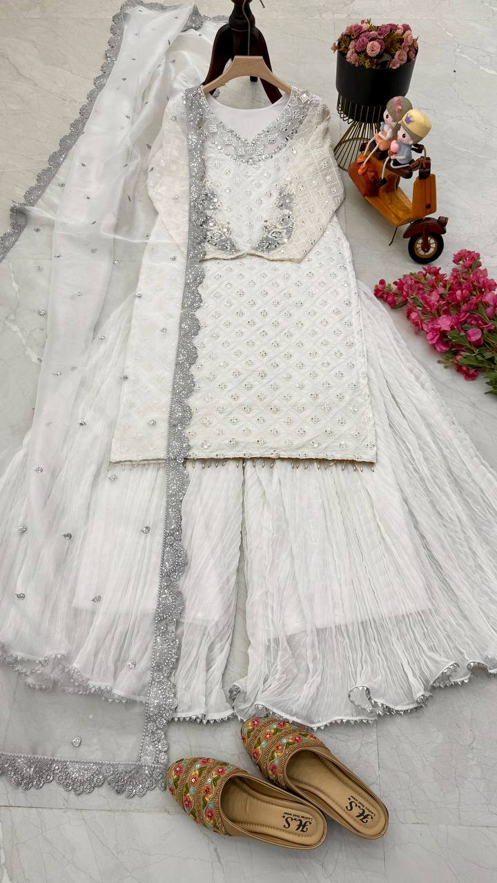 Blissful Sequence Embroidery White Color Sharara Suit