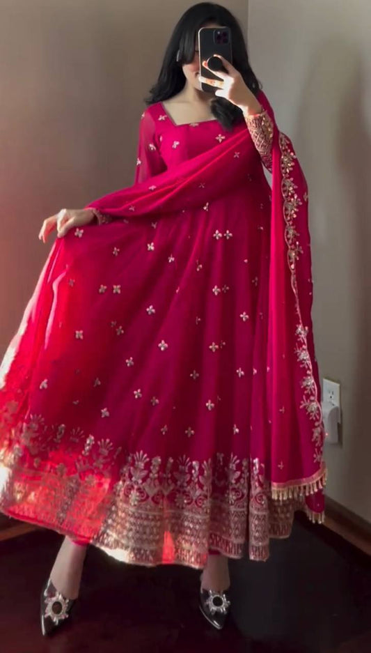 Captivating Embroidery Work  Pink Color Anarkali Suit