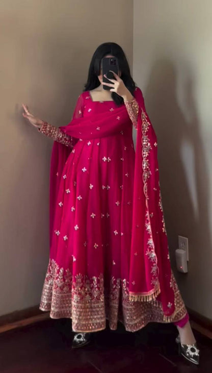 Captivating Embroidery Work  Pink Color Anarkali Suit