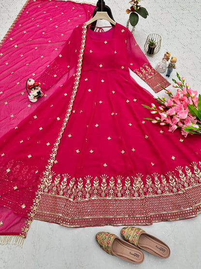 Captivating Embroidery Work  Pink Color Anarkali Suit