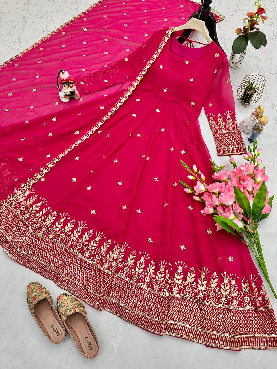 Captivating Embroidery Work  Pink Color Anarkali Suit