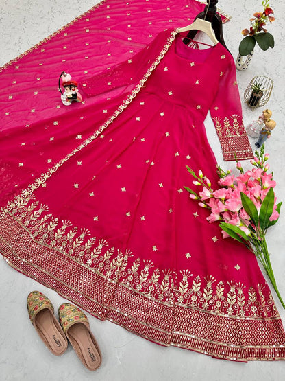 Captivating Embroidery Work  Pink Color Anarkali Suit