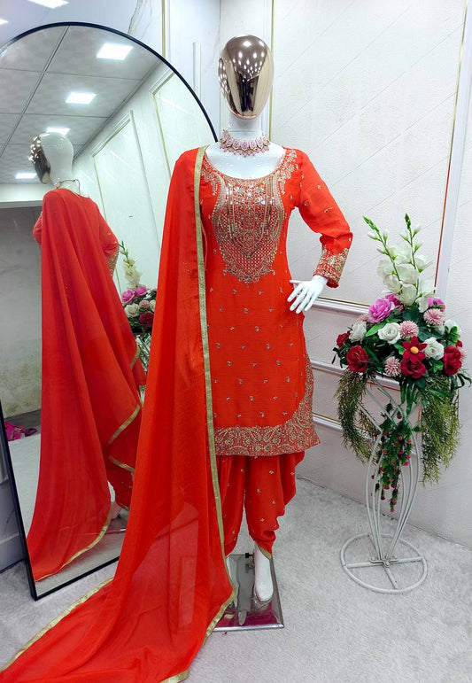 Delightful Embroidery Sequence Work Orange Color Top Dhoti With Dupatta Set