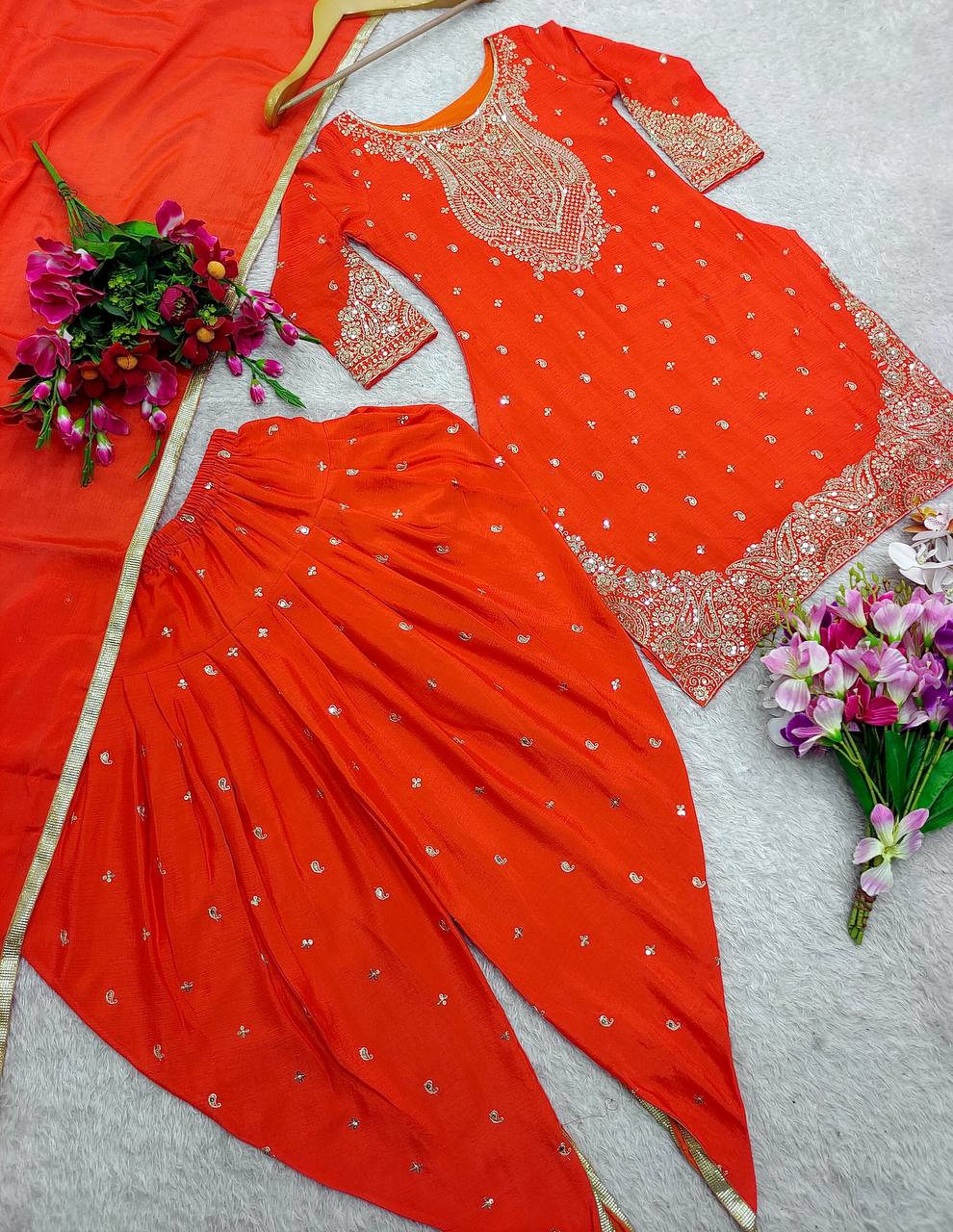 Delightful Embroidery Sequence Work Orange Color Top Dhoti With Dupatta Set
