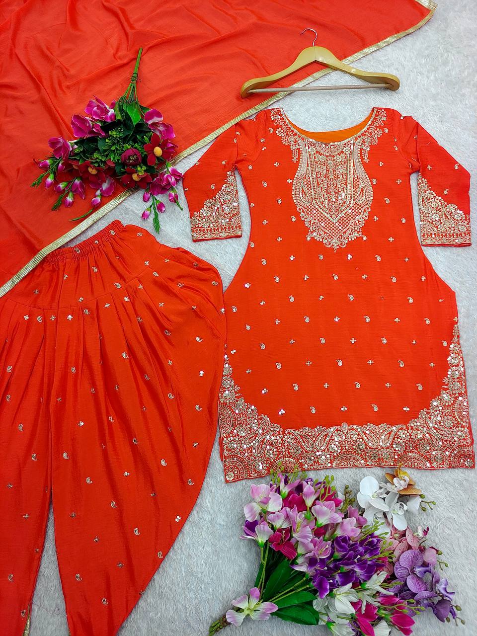 Delightful Embroidery Sequence Work Orange Color Top Dhoti With Dupatta Set