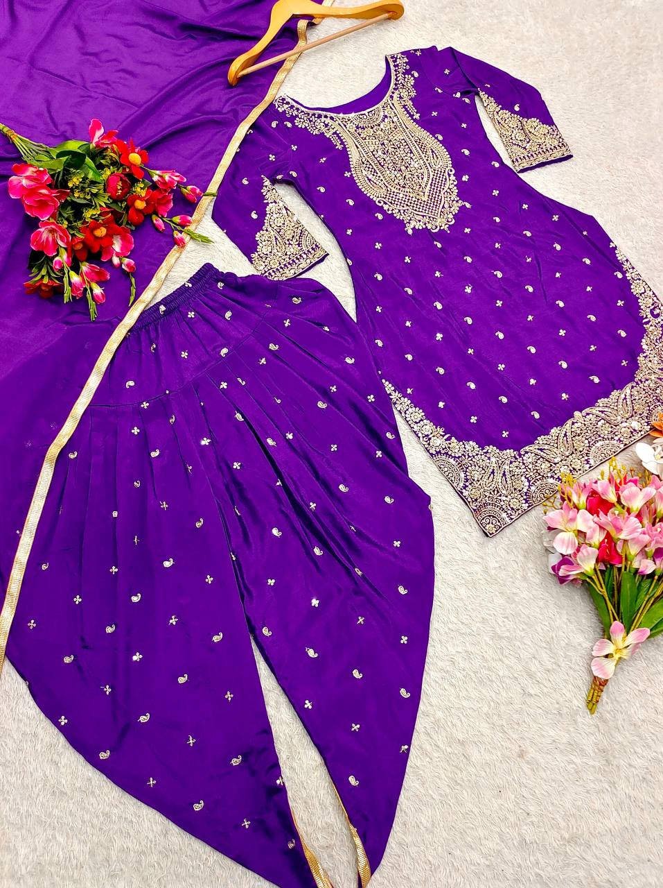 Delightful Embroidery Sequence Work Purple Color Top Dhoti With Dupatta Set