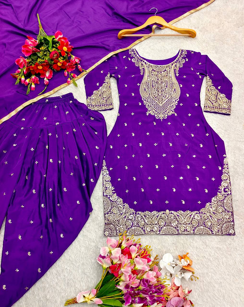 Delightful Embroidery Sequence Work Purple Color Top Dhoti With Dupatta Set