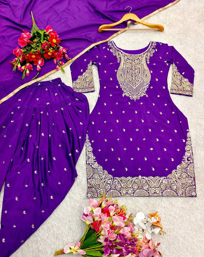 Delightful Embroidery Sequence Work Purple Color Top Dhoti With Dupatta Set