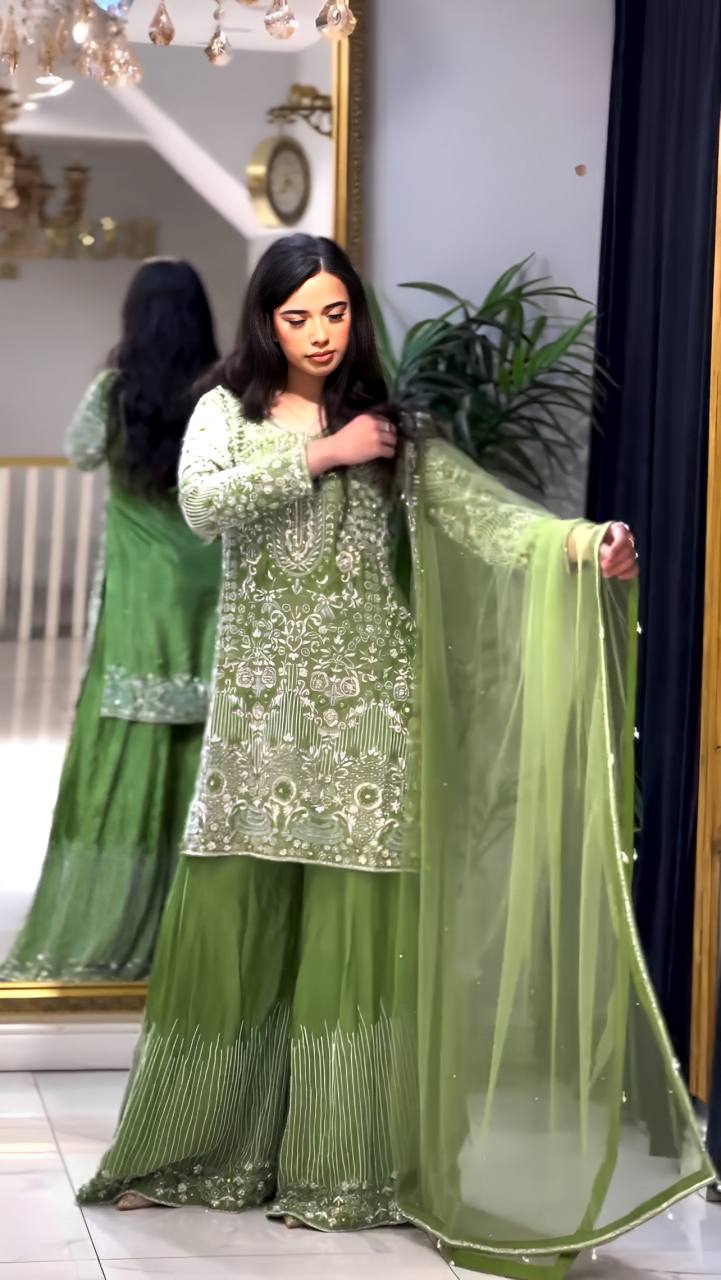 Mesmerizing Sequence Work Green Color Sharara Suit