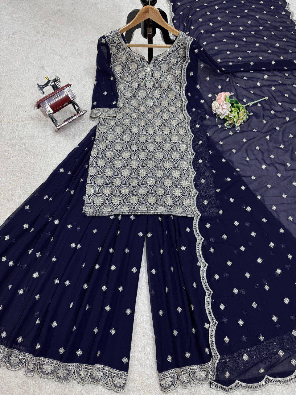 Captivating Thread With Sequence Work Navy Blue Color Sharara Suit