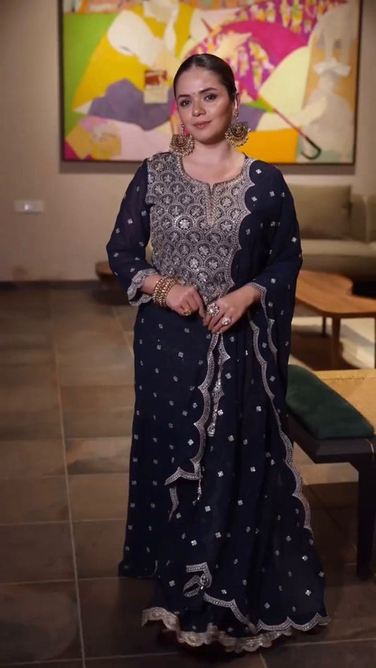 Captivating Thread With Sequence Work Navy Blue Color Sharara Suit