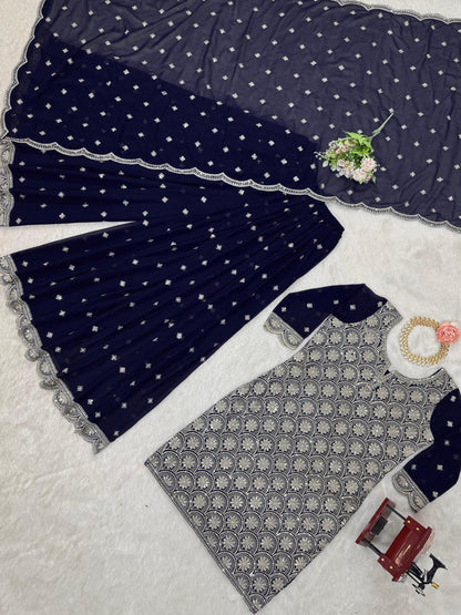 Captivating Thread With Sequence Work Navy Blue Color Sharara Suit