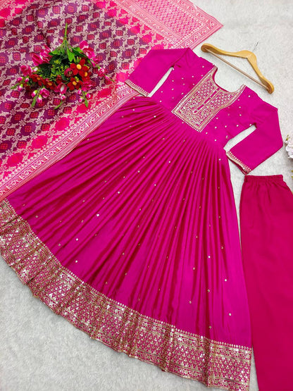 Delightful Embroidery 5mm Sequence Work Pink Color Gown With Dupatta