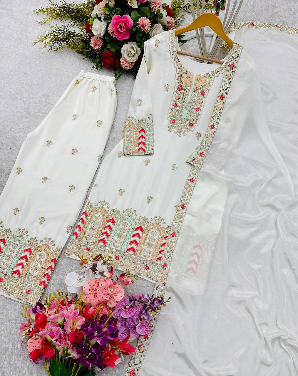 Pattern Wedding & Party Wear Sequence Work White Color Palazzo With Dupatta Set