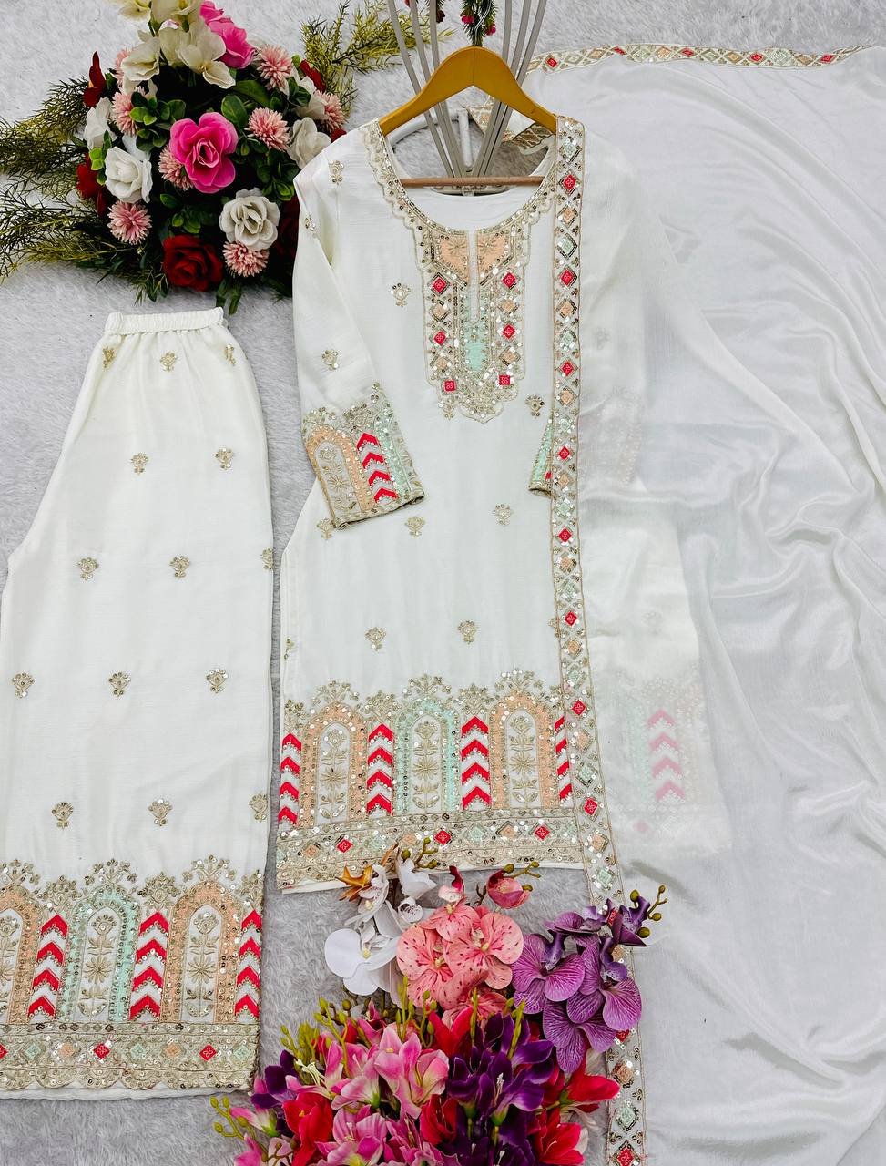 Pattern Wedding & Party Wear Sequence Work White Color Palazzo With Dupatta Set