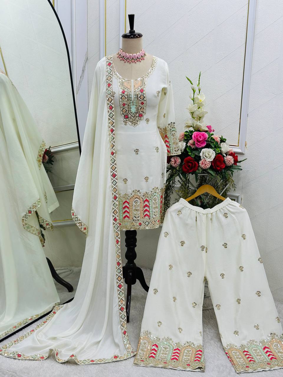 Pattern Wedding & Party Wear Sequence Work White Color Palazzo With Dupatta Set