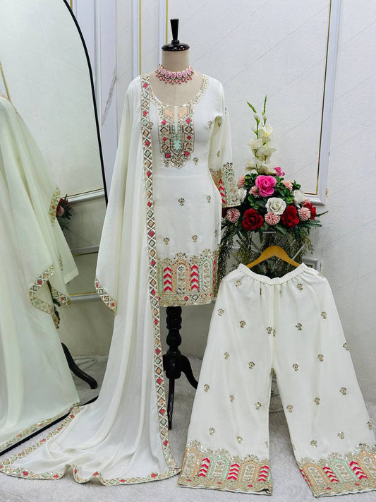 Pattern Wedding & Party Wear Sequence Work White Color Palazzo With Dupatta Set