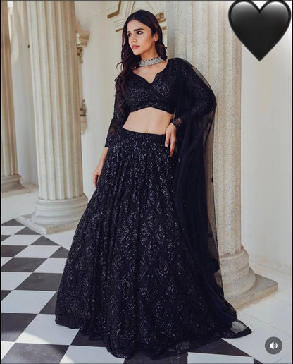 Ceremony Wear Black Color Georgette Lehenga With Sequins And Dori Work Designer Lehenga Choli