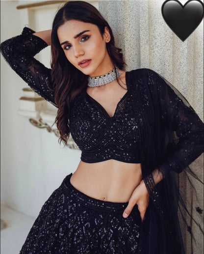 Ceremony Wear Black Color Georgette Lehenga With Sequins And Dori Work Designer Lehenga Choli